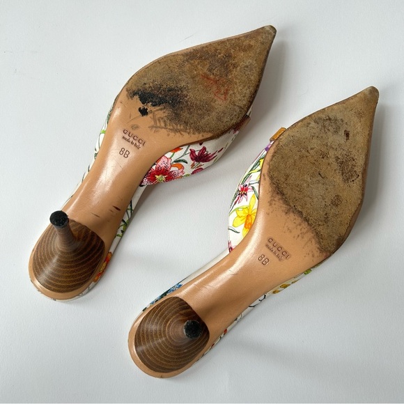 Gucci Flora Horsebit 1955 90's Iconic Kitten Mules Botanical Print sz 8B - Picture 4 of 10